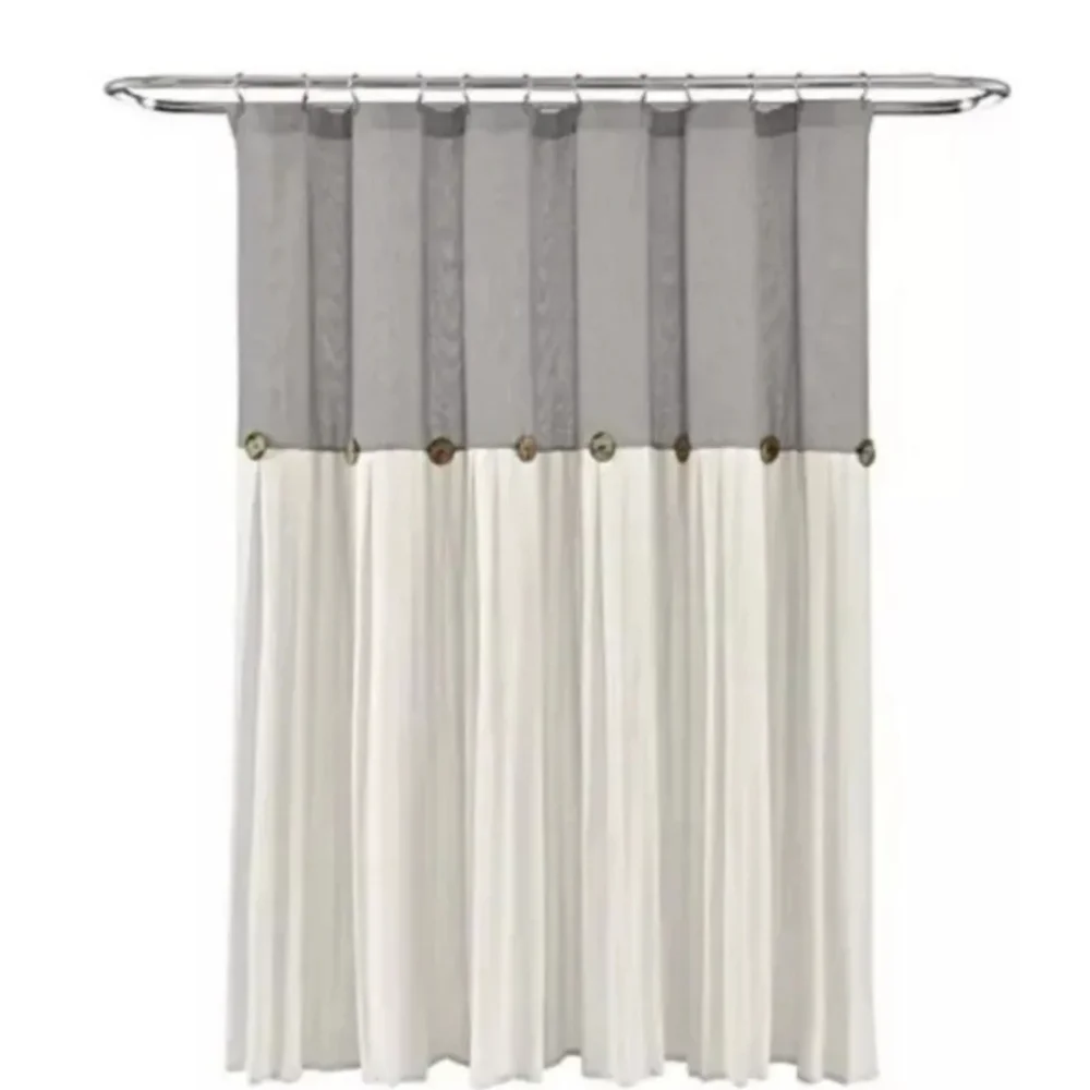 Lush Decor Linen Button Shower Curtain Gray White 72x72 Cotton Blend Pleated